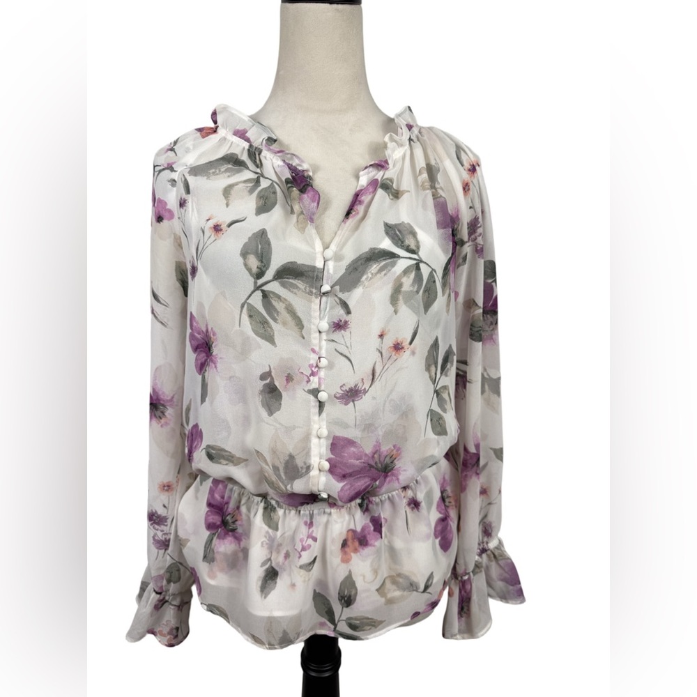 White House Black Market white top/tank purple floral print top/tank size 8
